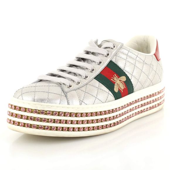 Gucci | Shoes | Gucci Womens Ace Web Platform Sneakers Quilted Leather With  Crystals Silver | Poshmark
